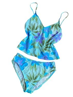 Vintage Aqua & Green Floral Palm Tankini Set